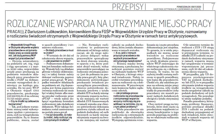 Artykuł prasowy, który ukazał się 09.11.2020r. w Gazecie Olsztyńskiej w ramach Europejskich Dni Pracodawców 2020