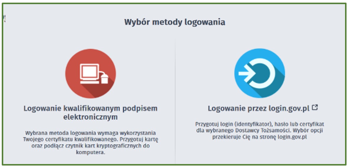 Grafika przedstawia dwa sposoby logowania: logowanie kwalifikowanym podpisem elektronicznym i logowanie przez login.gov.pl