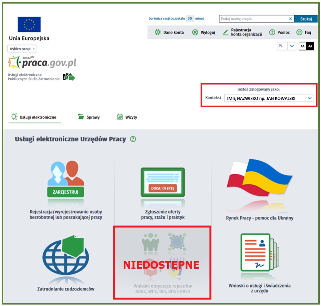Grafika przedstawia platformę www.praca.gov.pl, wskazuje na metodę logowania oraz zablokowane okno dot. składania wniosków do rejestrów. 