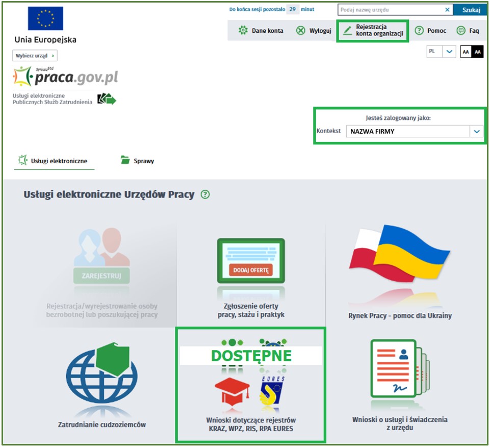 Grafika przedstawia platformę www.praca.gov.pl, wskazuje na zmianę formatu platformy i ukazuje odblokowane okno dotyczące wniosków do rejestrów. 
