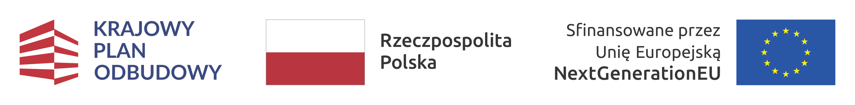 Zdjęcie przedstawia zestawienie trzech oddzielnych logotypów. Od lewej Logotyp Krajowego Planu Odbudowy, następnie flaga Polski, kolejno flagę Unii Europejskiej