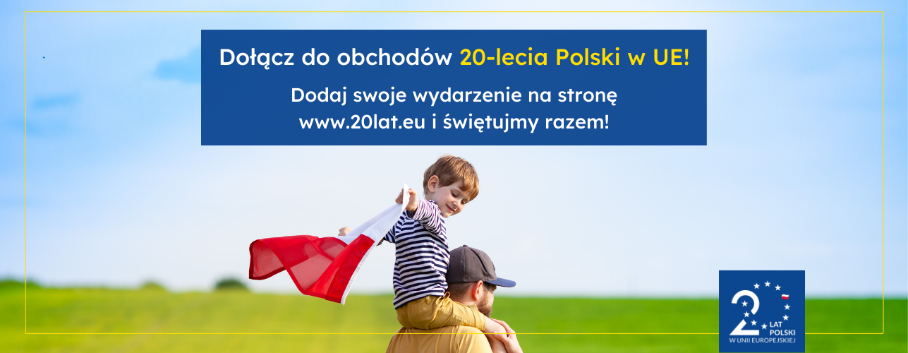 obraz przedstawiający w plenerze tatę z dzieckiem trzymającym flagę Unii Europejskiej