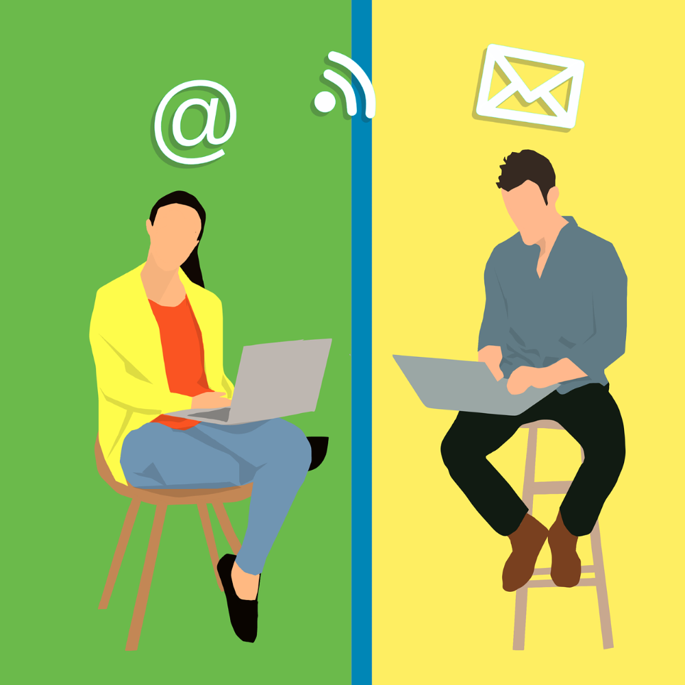 Rysunek: Kobieta i mężczyzna siedzą trzymając laptopy