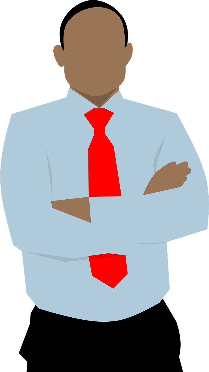 Rysunek: Mężczyzna w krawacie stoi z założonymi rękami