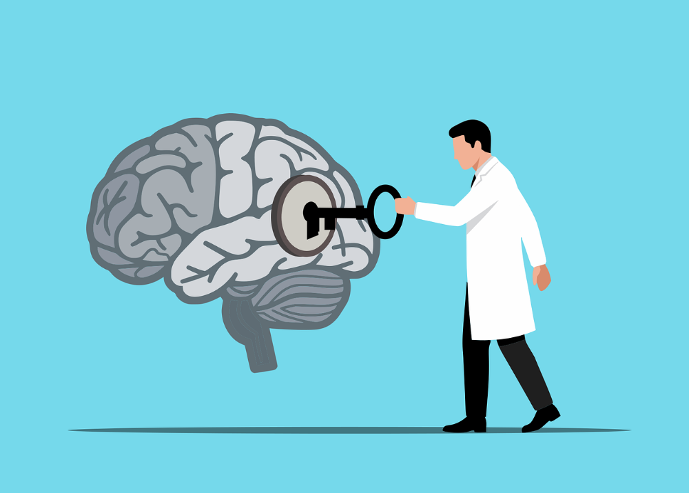 Rysunek: Mężczyzna otwiera kluczem mózg